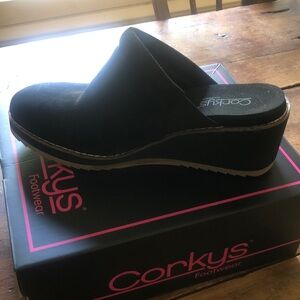 Corkys Black Suede Wedge Mules